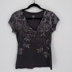 Express Burnout Graphic V Neck Tee Women M Gray Silver Floral Beaded Y2K